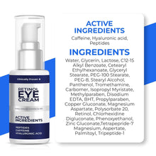 Retinol Eye Cream for Puffiness, Bags, with Hyaluronic Acid & Peptide.