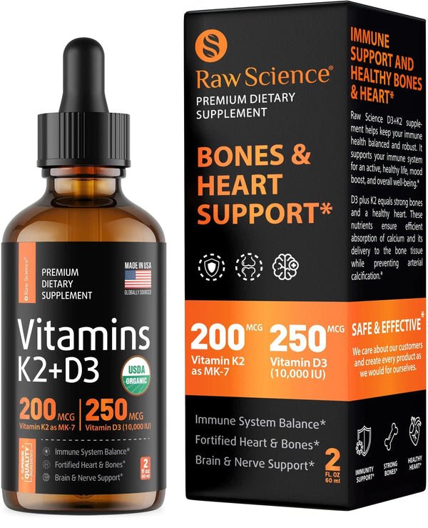 Liquid Vitamin D3 & K2 drops for bone density and heart health.