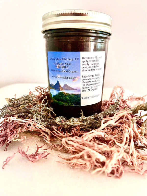 Exfoliating coffee scrub with sea moss, rejuvenates and nourishes skin.