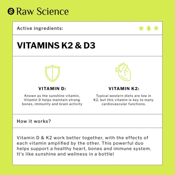 Liquid Vitamin D3 & K2 drops for bone density and heart health.