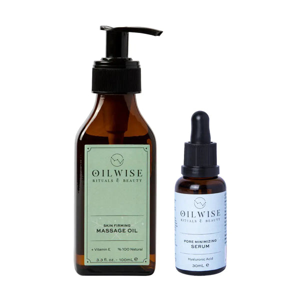 Oilwise Skin Firming Massage Oil & Pore Minimizing Serum Set for rejuvenated, firm, and smooth skin.