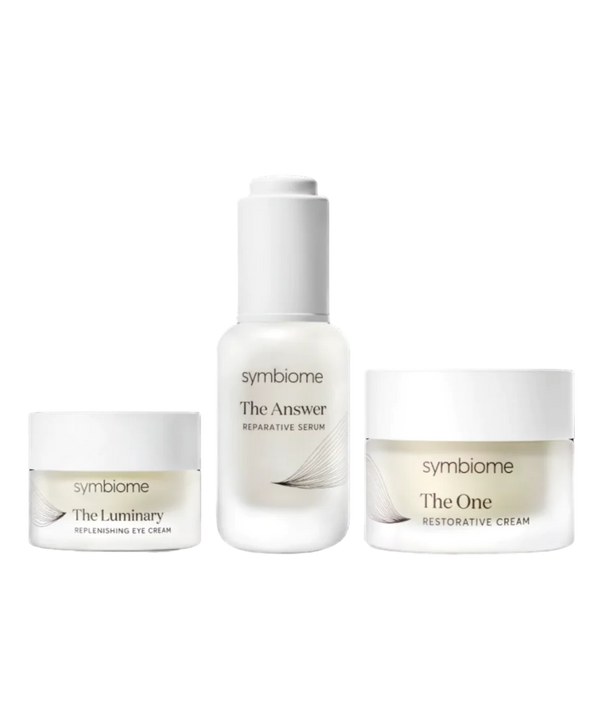 Symbiome's Treatment Trio: serum, eye cream, moisturizer for glowing skin.