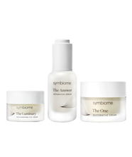 Symbiome's Treatment Trio: serum, eye cream, moisturizer for glowing skin.